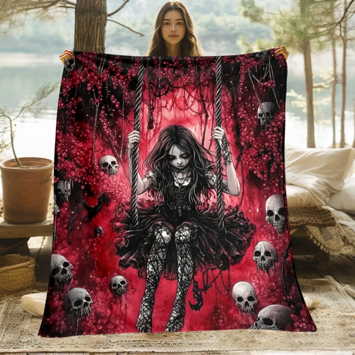 1pc Gothic Swing‑Figure‑Print Throw Blanket, Sofa & Bed Decor, Multi‑Purpose Travel & Camping Home Decoration