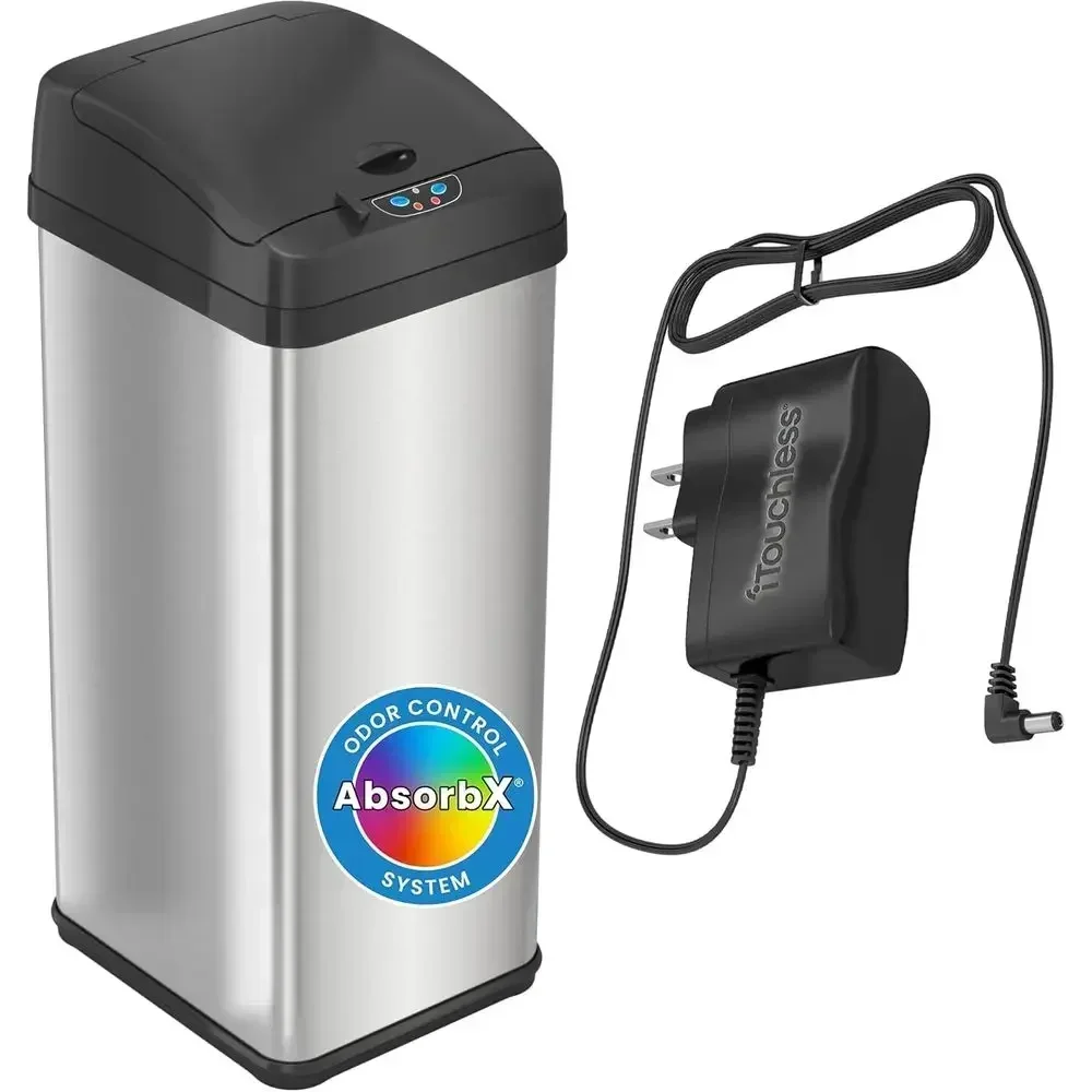 13 Gallon Sensor Touch Trash Can with AC Power and Odor Control, Stainless Steel, Extra-Wide Lid Kitchen Bin