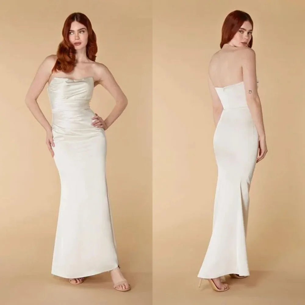 Personalizado de alta calidad sin mangas sin tirantes blanco hasta el tobillo arrugado sin espalda A-line 이브nne Robe De Soirée Bleu Evening
