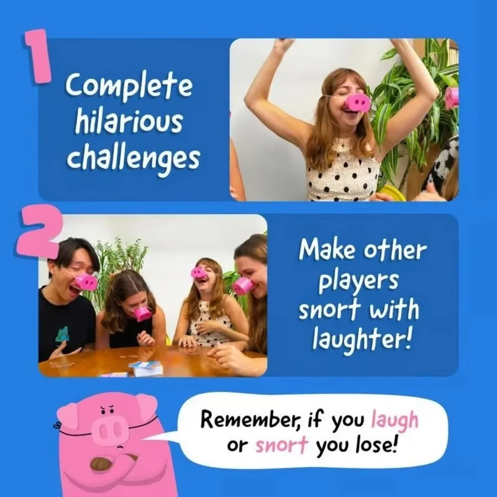 持ち運び可能な「笑うと負ける」パーティーゲーム、5枚の豚鼻チャレンジカード、楽しい鼻鳴り声ボードゲーム、創造的な豚鼻とチャレンジ