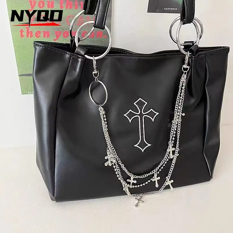 Gothic Black Subculture Cross Tote Bag Women Y2k Spice Girls Chain Handbags Female Large Capacity Shoulder Bag bolsos vintage