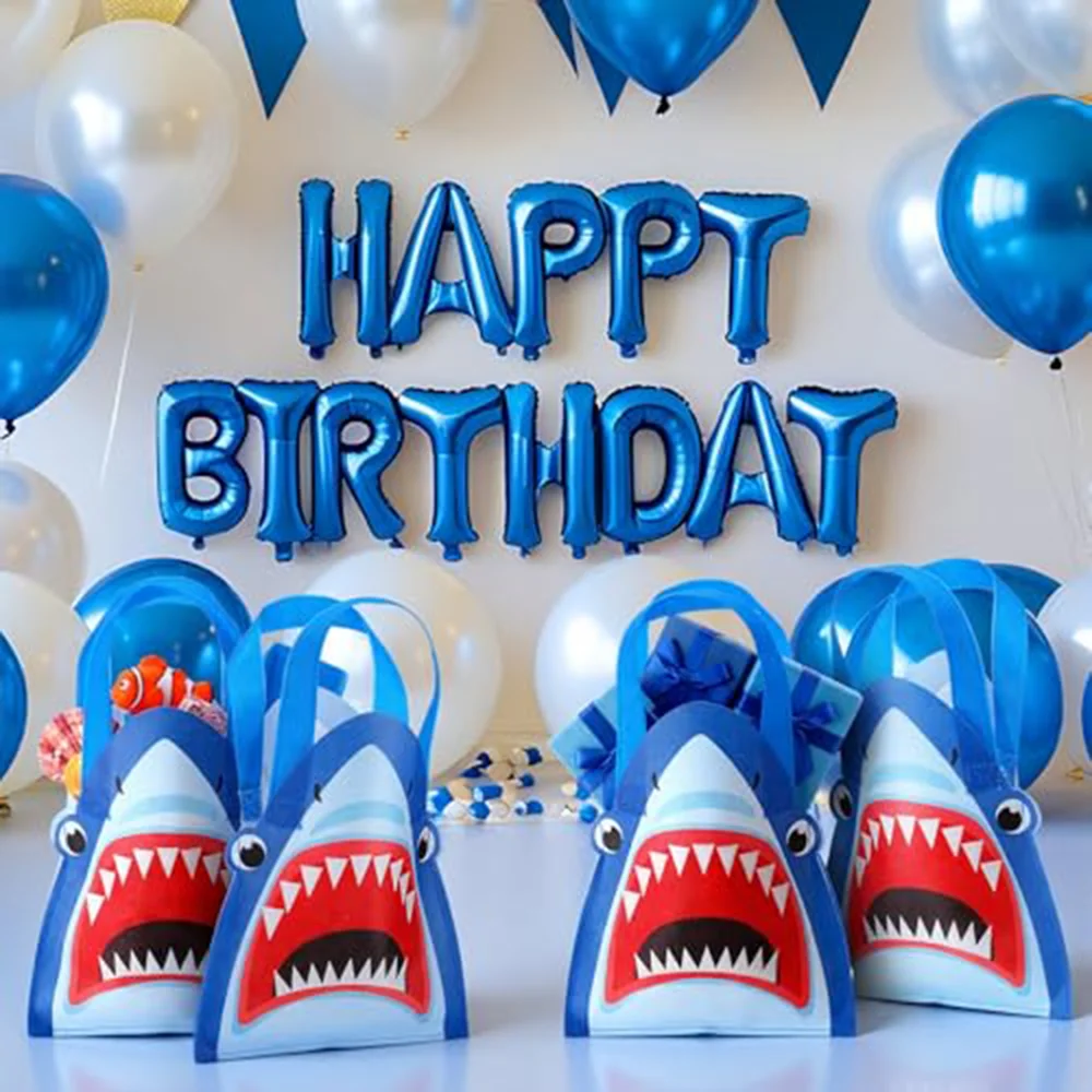 5 Pcs Shark Non-woven Bag Reusable Shark Shaped with Handles Tote Treat Goodie Candy Gift Bag Sea Theme Birthday Party Supplies view 5