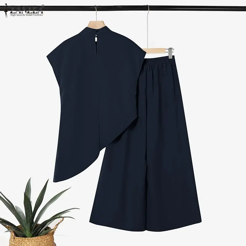 Stilvolle Sommer-Zweiteiler-Sets von ZANZEA für Damen: Oberteile mit Stehkragen, Kurzen Ärmeln und Unregelmäßigem Saum, Weite Hosen, Elegante Büro-Outfits – Detail 13