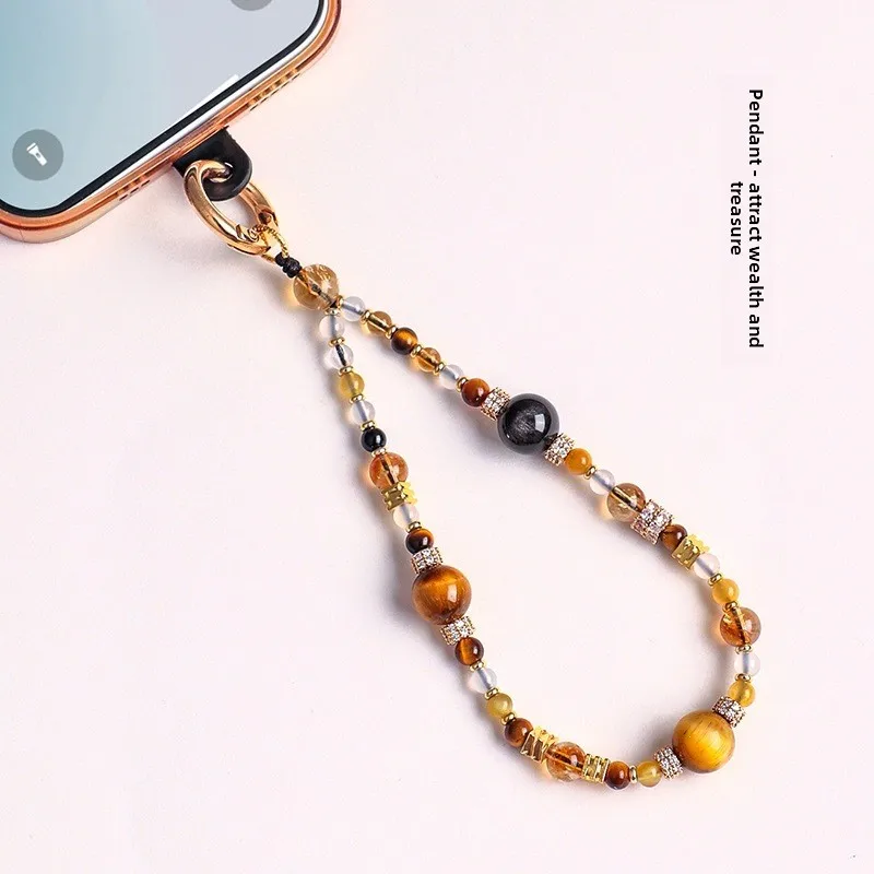 Chinese Style Lucky Feng Shui Wealth Attracting Yellow Tiger Eye Citrine Beaded Phone Lanyard Charm Good Fortune Blessing Anti