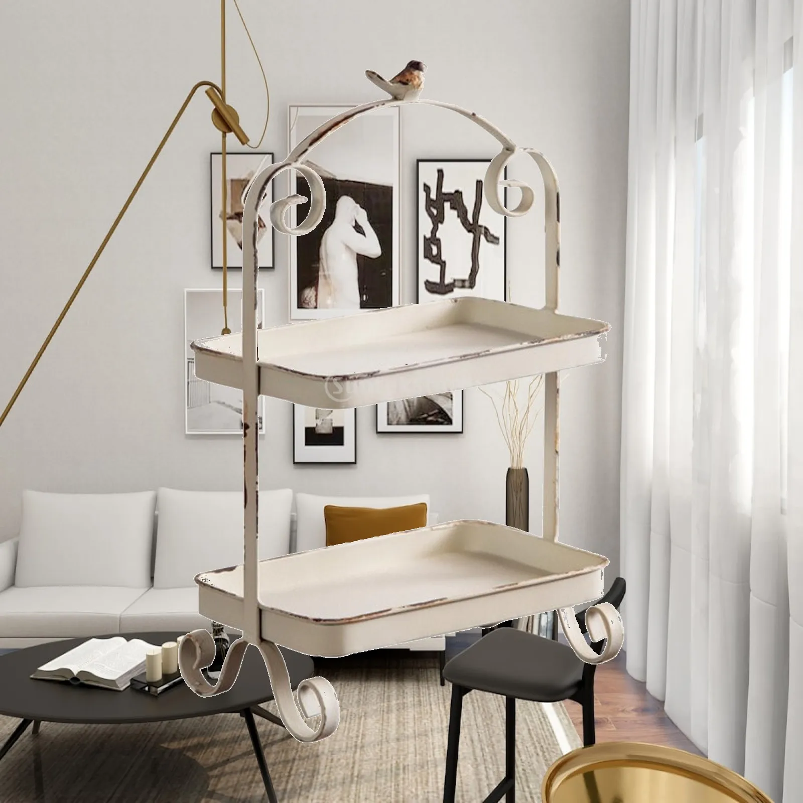 Two-Tier Storage Basket Multipurpose Desktop Organizer with Trays Double Tier Bird Cage Display Stand Space Saving