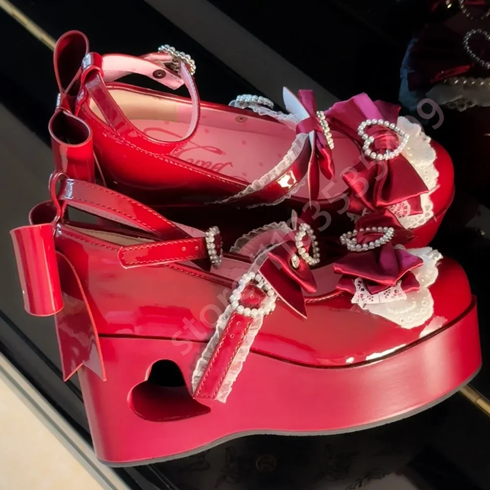 

2026 Summer New Women Platform Mary Janes Patent Leather Lolita Wedge Shoes with Lace & Bowknot Fashion Sweet Party Footwear