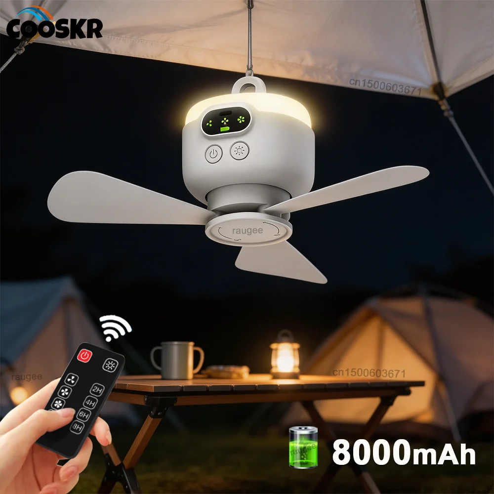 8000mAh Portable Ceiling Fans Outdoor Camping Fan Tent Air Circulator Cooler Rechargeable Electric Fan Remote Control LED Light