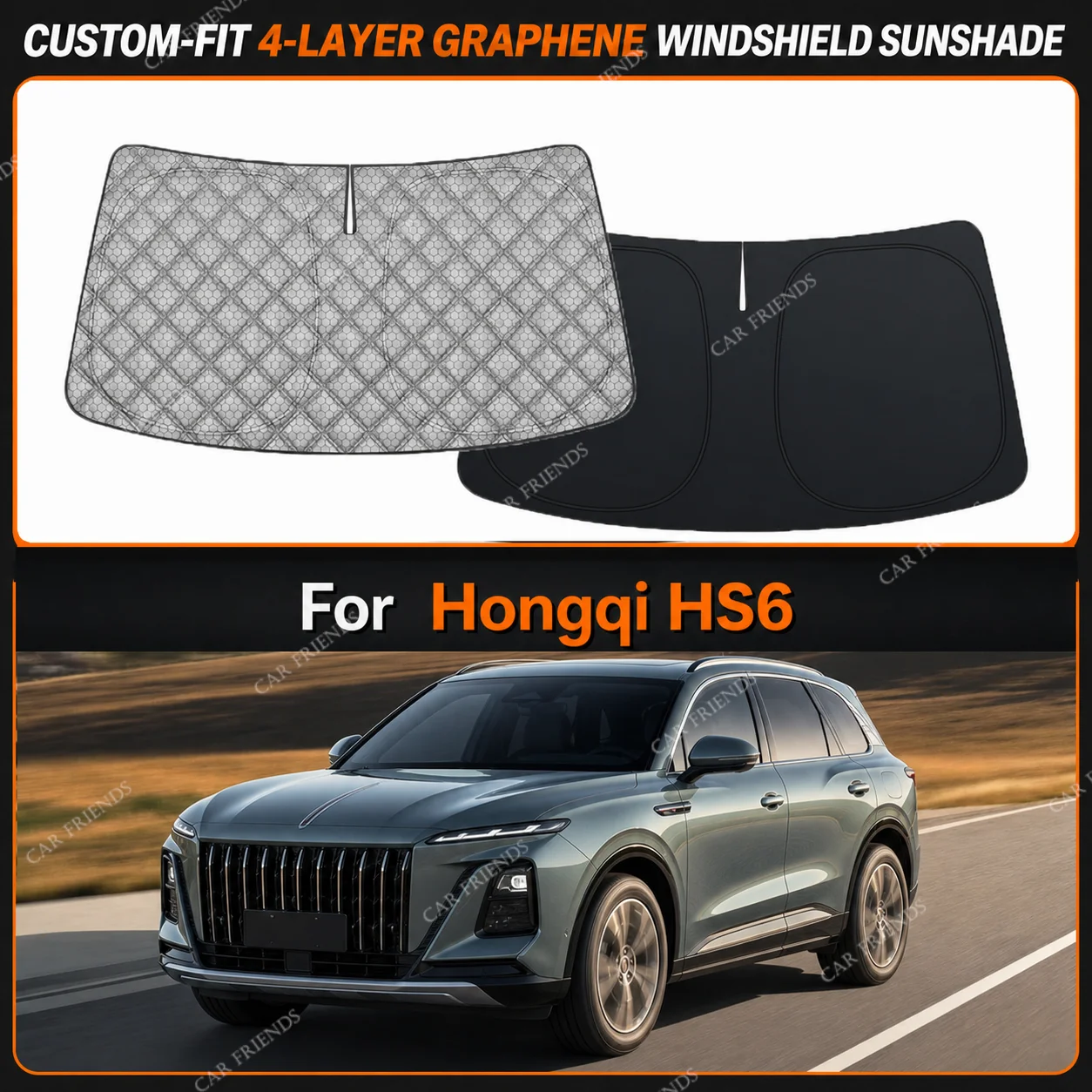 For Hongqi HS6 Custom-Fit 4-Layer Graphene Windshield Sunshade Reflective Gray-Silver Surface Helps Reduce Direct Sunlight