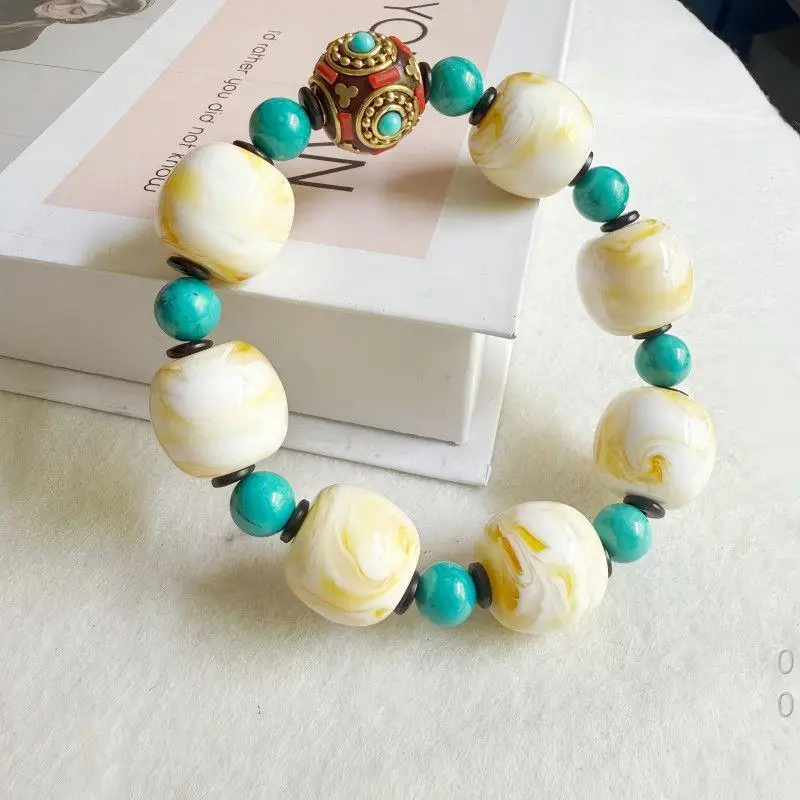 Porcelain White Yohaomian Bead Bracelet with Amber Barrel , Tibetan-Style Turquoise Spacer Beads, Versatile Decorative Brac