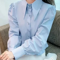 French POLO Collar and Waist Collection Shirt Women's New Blue Shirt Design Niche Long Sleeved Top