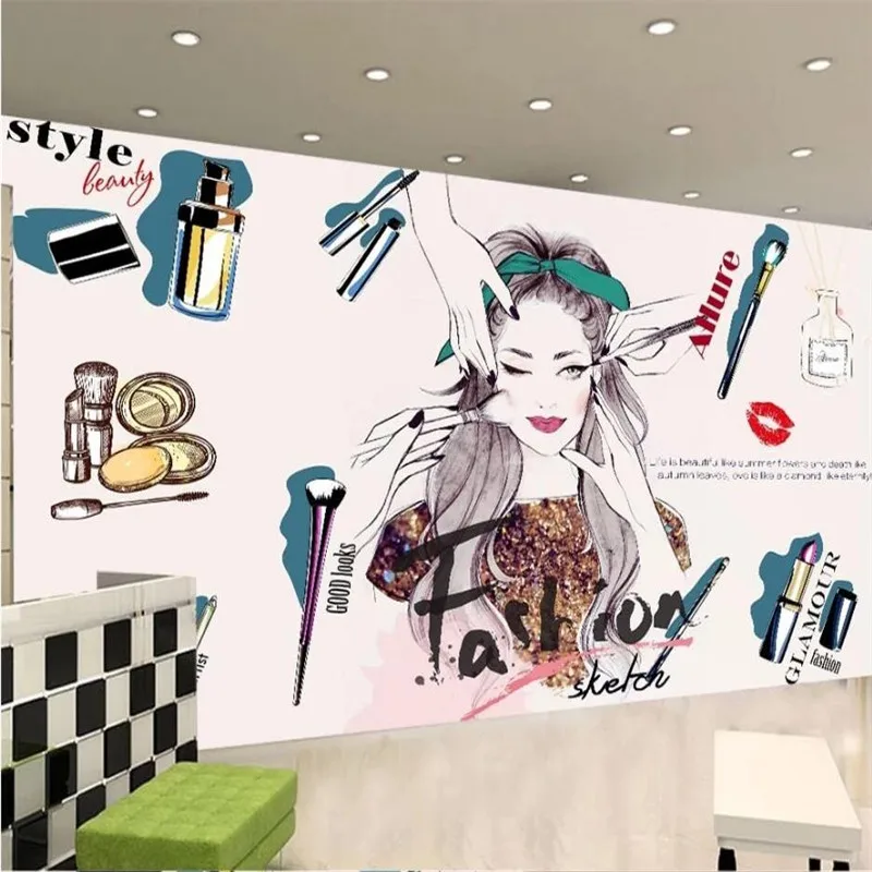 Customized products sweet Hand-painted Cosmetics Manicure Shop Makeup Shop Background Wall Beauty Salon Mural Wallpaper bedroom