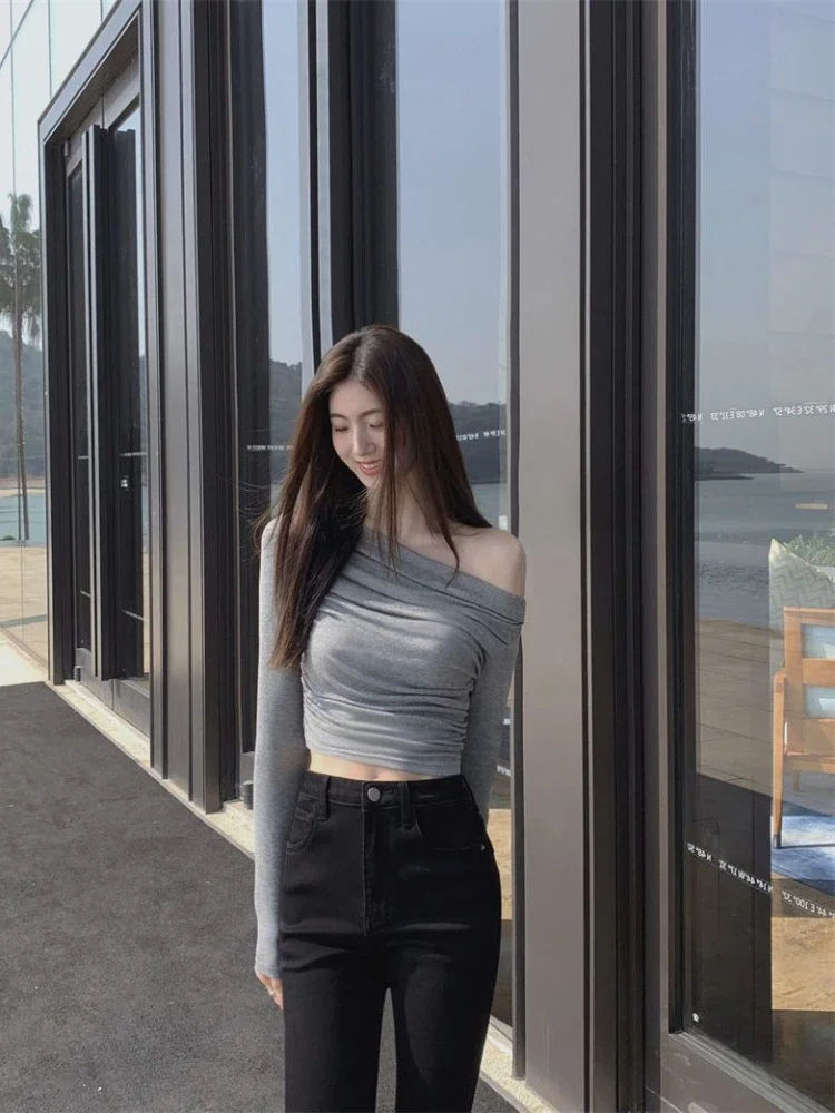Women Off Shoulder Clothing 2024 Woman T-shirt Skinny Tall Offer Free Grey Top for Shipping XQ34