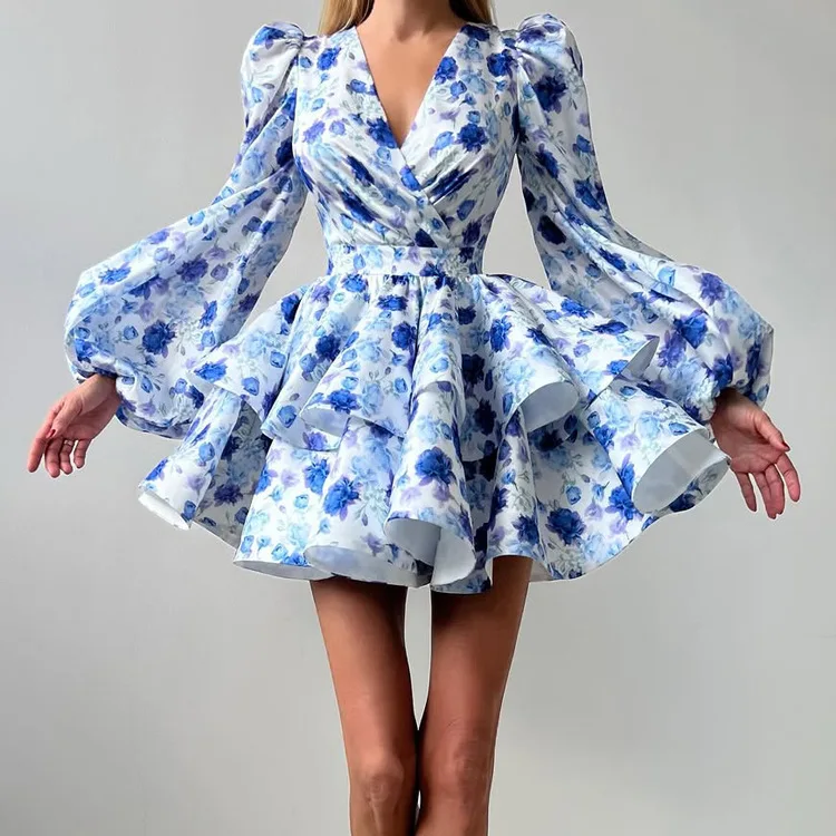 

Temperament Women's V-Neck Bubble Sleeve A-Word Dress Autumn New Fashion Printed High Waist Fluffy Dress