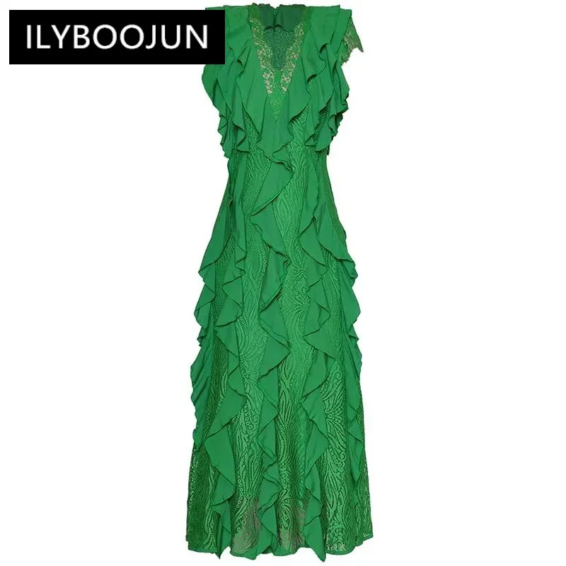 

ILYBOOJUN Fashion Women's New V-Neck Short-Sleeved Lace Patchwork High-Waisted Flounced Edge Vintage Ball Gown Maxi Dress