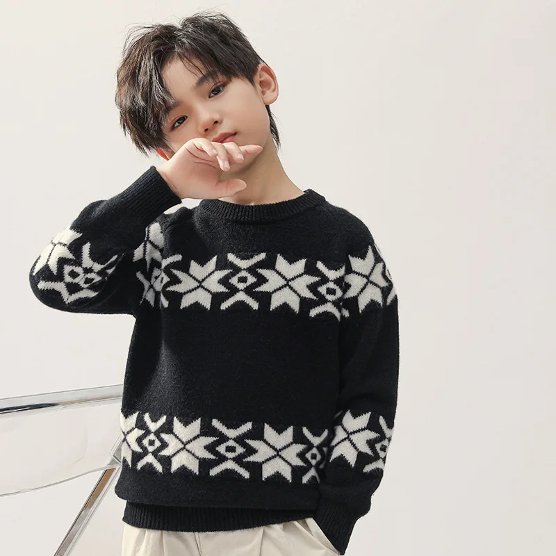 Fashion  O-Neck 100%  Merino Wool  Sweater  Autumn And Winter  Pullover Long Sleeve Knitwear Basic  Children's Clothing Tops view 4