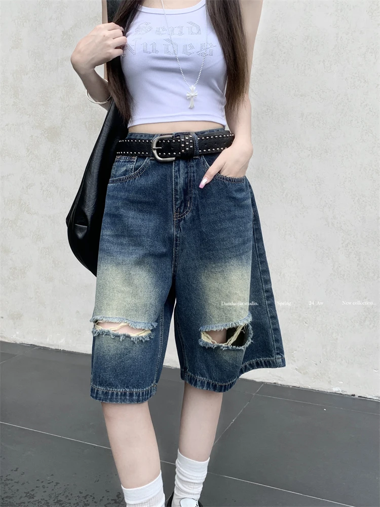 

Slergiri American retro washed ripped jeans streetwear women's high waist loose straight wide leg half pants without belt