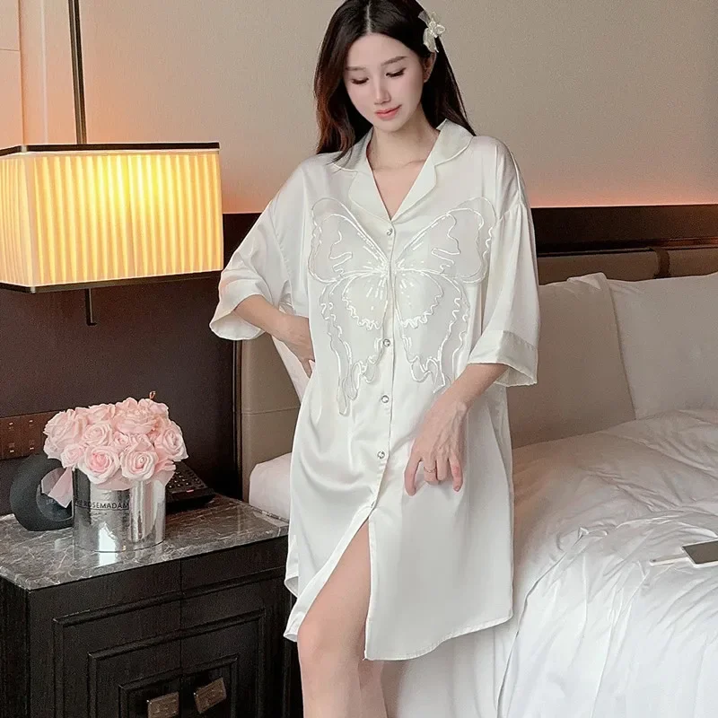 White Nightgown Summer Female Robe Sleepwear Gown with butterfly Nightwear Loose Casual Home Dress Loungewear