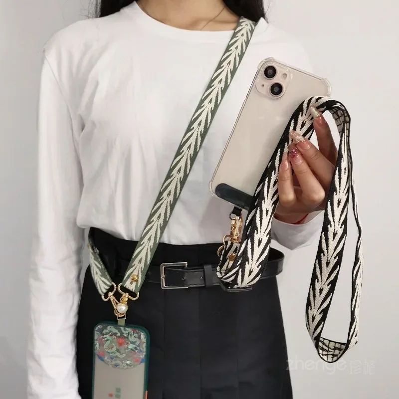 

Elegant Women Phone Lanyard Neckband Soft Leather Pearl Pendant Cross Strap Long Fashion Mobile Accessory