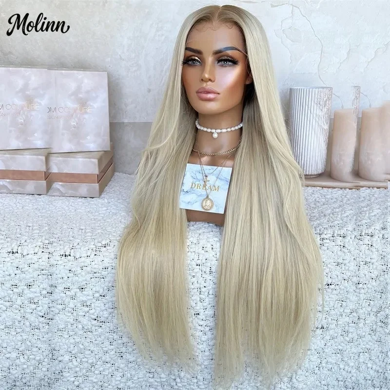 Ombre Ash Blonde Natural Straight Lace Front Wig 13X4 HD Synthetic Lace Frontal Wigs Balayage Heat Resistant Fiber For Women