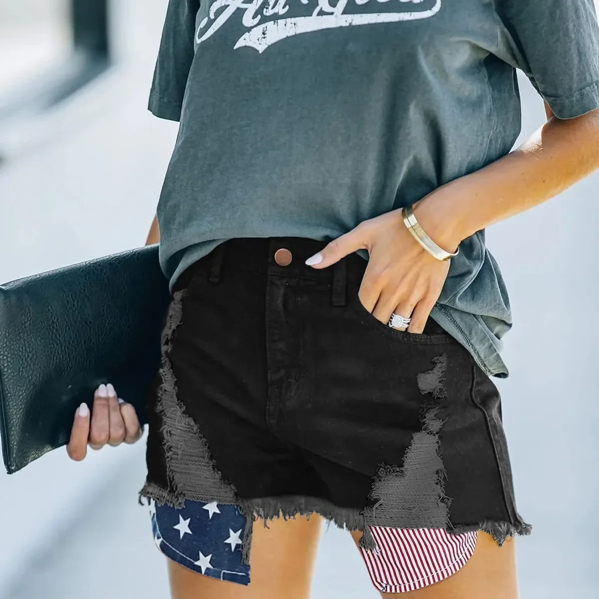 Shorts Denim Washed Women Jean Ripped Print High Waist Hole Spliced Slim Fit Distressed Jeans 2025 Casual Pockets Summer