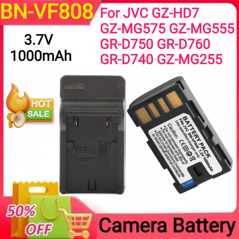 

3.7V 1000mAh BN-VF808 BN-VF808U BNVF808 for JVC GZ-HD7 GZ-MG575 GZ-MG555 GR-D750 GR-D760 GR-D740 GZ-MG255 Battery+Charger