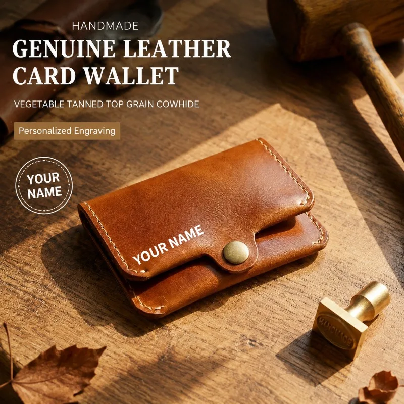 Handmade Genuine Leather Wallet Men Short Bifold Coin Purse Vegetable Tanned Cowhide Card Holder Vintage Style Engraving