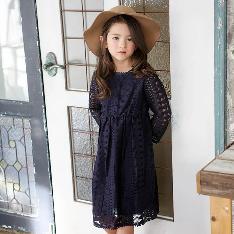 Spring Autumn Girls Lace Dress Long Sleeved Elegant Young Girls Midi Dresses