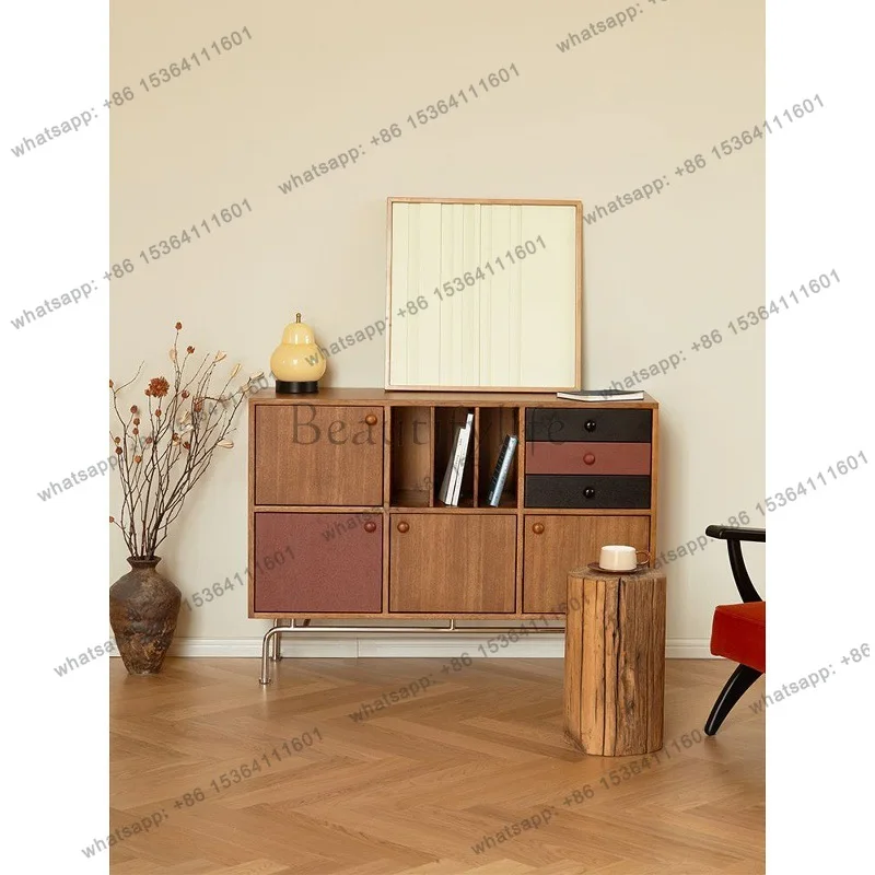Zj. Medieval contrasting color solid wood dining side cabinet living room storage wall locker