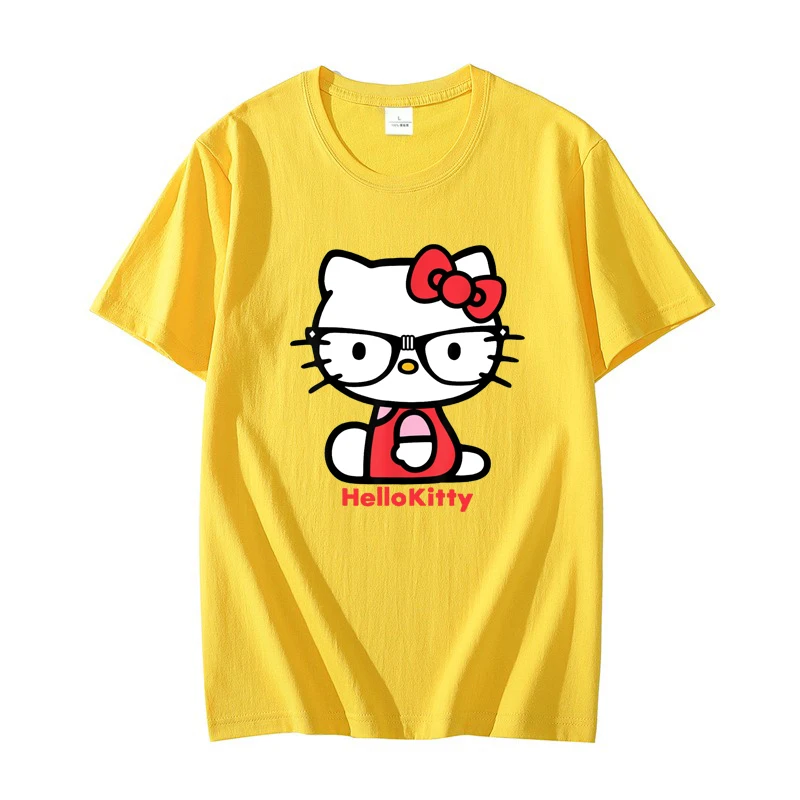 Hello Kitty Men T-shirt Summer Short Sleeve Women Tee Shirts 100% Cotton 2025 New Fashion Couple Clothes Tops