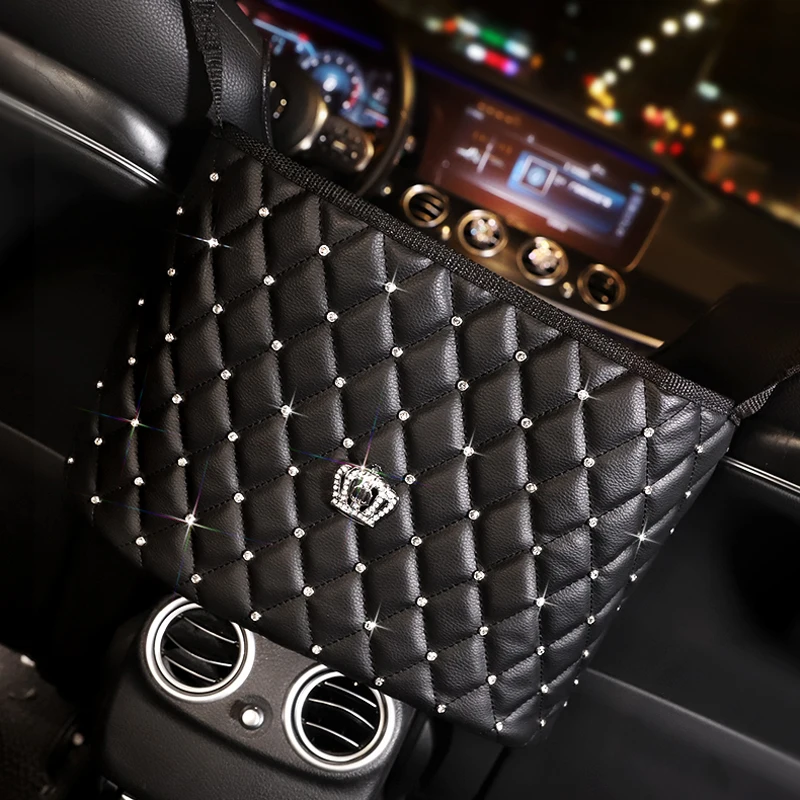 Bling Crown Rhinestone Car Center Seat Storage Bag Diamond Leather Multifunctional Car Seat Back Hanging Bag for Handbag Pocket