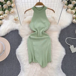 Sexy O -Neck  off shoulder sleeveless Knit Split Slip Dress Chic Elastic Slim Fashion Party Women Elegant sweet Pencil dresses