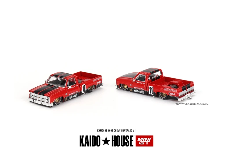 KAIDO HOUSE Mini GT 1/64 KHMG066  Open version Silverado No 11 pickup truck  red  Die-cast alloy car model collection gifts