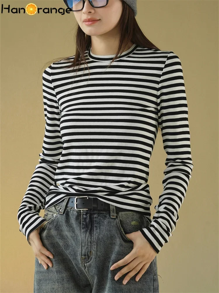 HanOrange 2025 Early Spring Simple Contrasting Striped T-shirt Women Slim Casual Tees Black White/Red White/Gray White