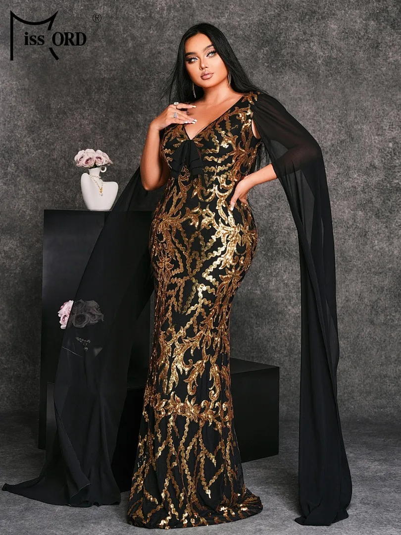 

Missord 2026 Church Dress Plus Size V Neck Long Sleeve Sequin Winter Evening Gown Wedding Birthday Party Formal Occasion Dresses