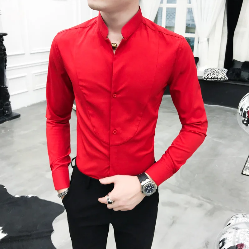 

Unique Stand Collar Sexy Shirt Black Red White Slim Fit Long Sleeve Camisa Social Masculina Men Dress Designer Shirt