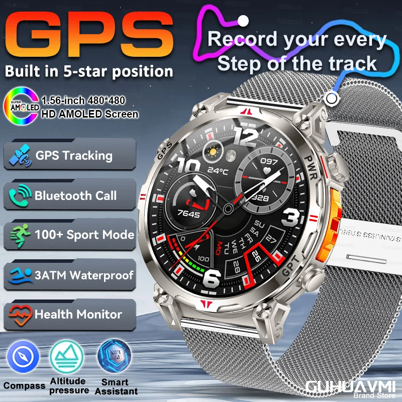 2025 New Professional Sports GPS Smart Watch AMOLED Screen 3ATM Waterproof Fitness tracking Heart Rate BT Call Smartwatch 650Mah