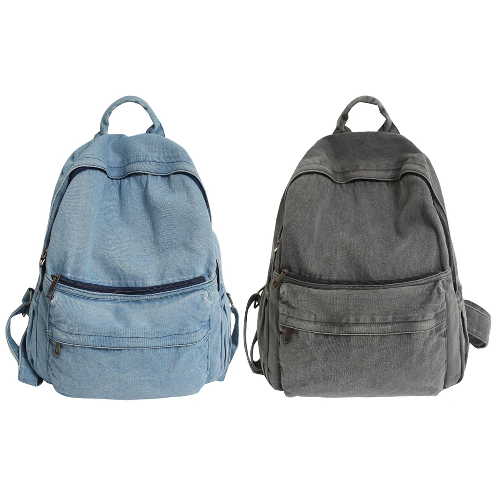 Mochilas jeans retrô para estudantes, mochila de grande capacidade, zíper, sólido, moda, caminhada, compras