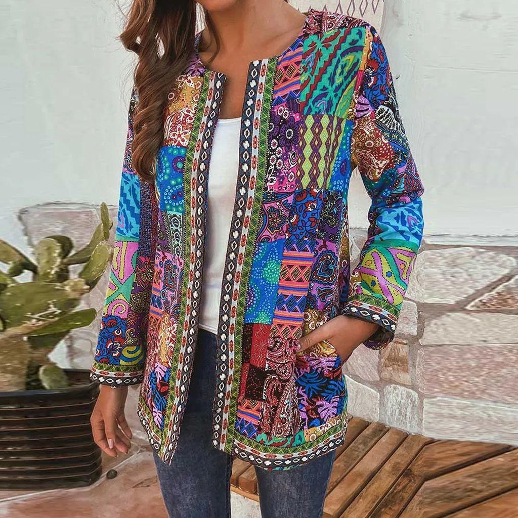 Women Cardigan Floral Print Coat Vintage Boho Ethnic Style Long Sleeve Plus Size Cotton Jacket Autumn Winter Retro Chic Loose