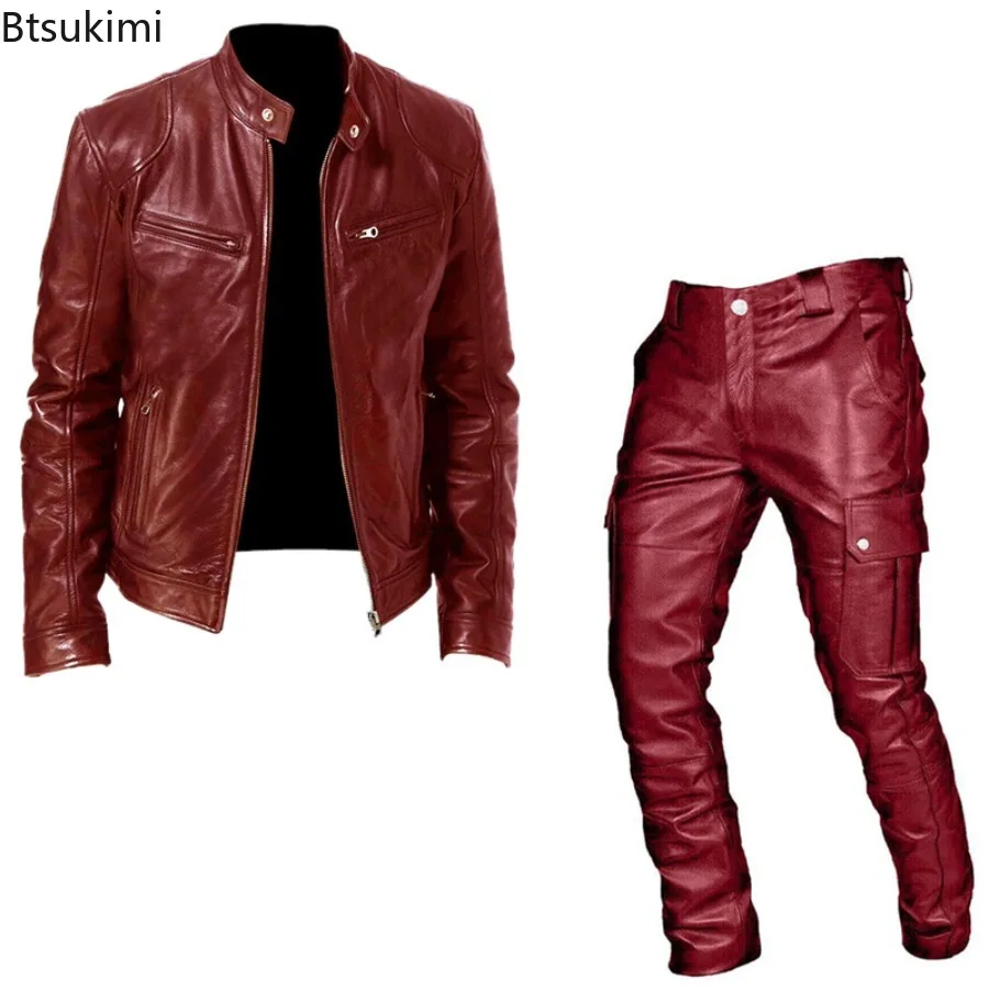 Fashion Motorcycle Leather Clothes Sets Men's Multi-pocket Stand Collar PU Jack… - Image 4