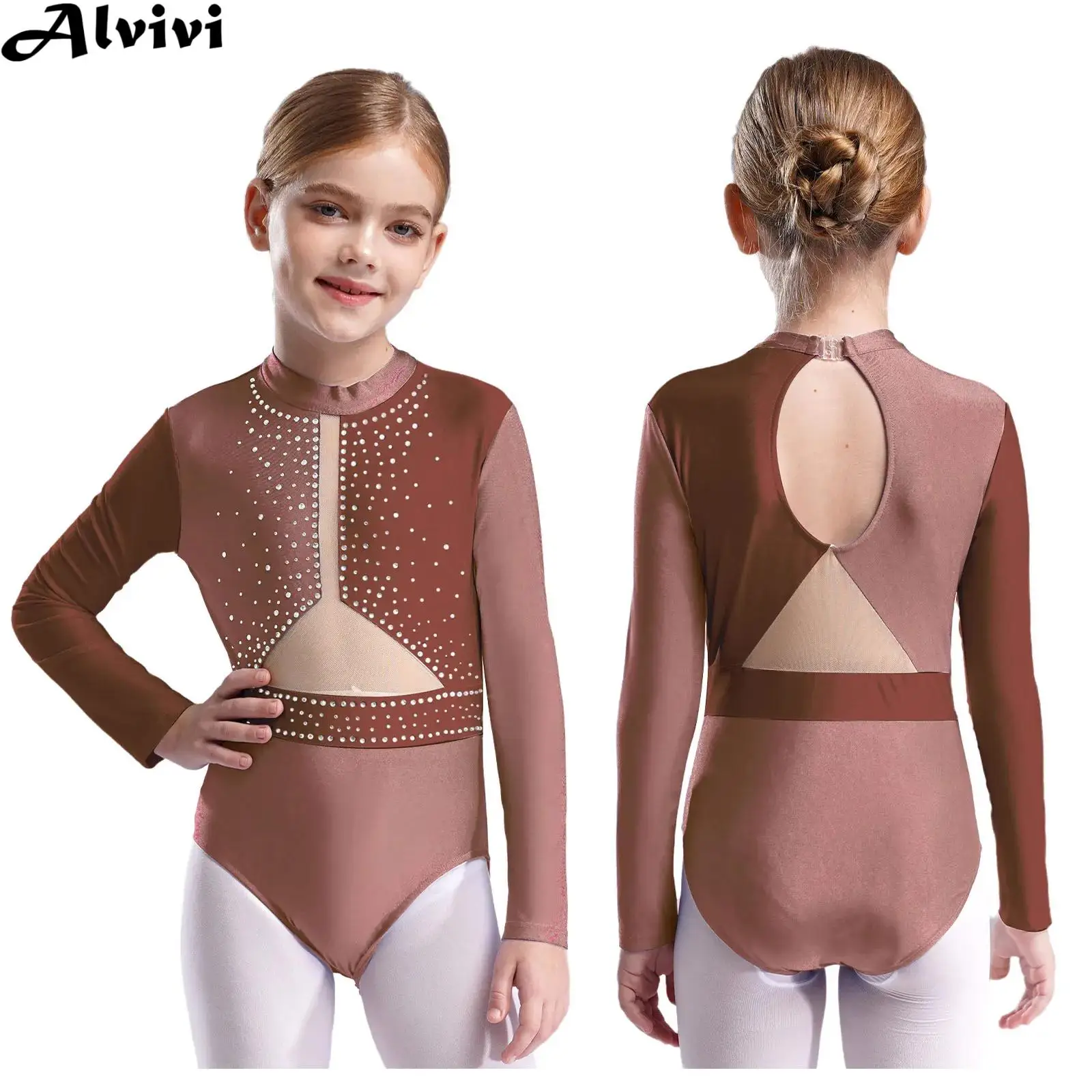 Kids Girls Figure Skating Ballet Dance Gymnastics Acrobatics Leotard Long Sleeve Rhinestones Mesh Bodysuit for Stage Performance