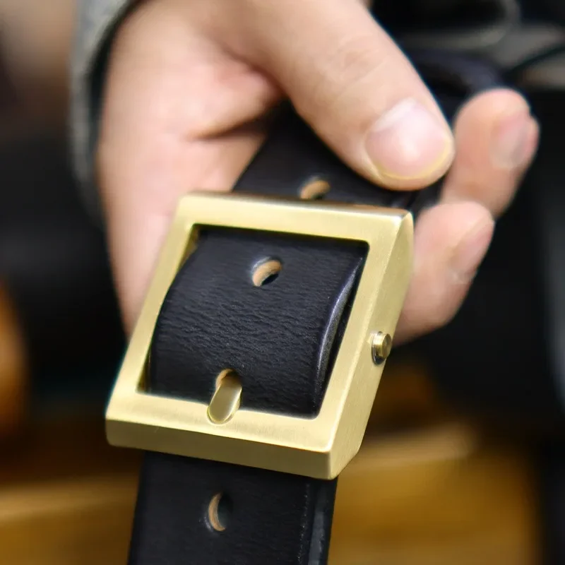 

Винтажный утолщенный латунный ремень ручной работы с пряжкой для мужчин, повседневные джинсы, верхний слой ремня из воловьей кожи, ширина 38 мм