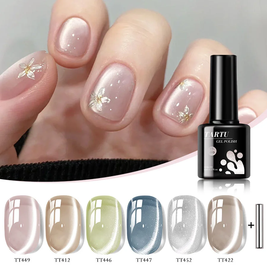 

TARTU 6pcs 8ml Nude Pink Red Blue Green Brown Black Cat Eye Nail Gel Set, 6 Colors Semi-permanent Gel Polish Kit, Soak Off Uñas