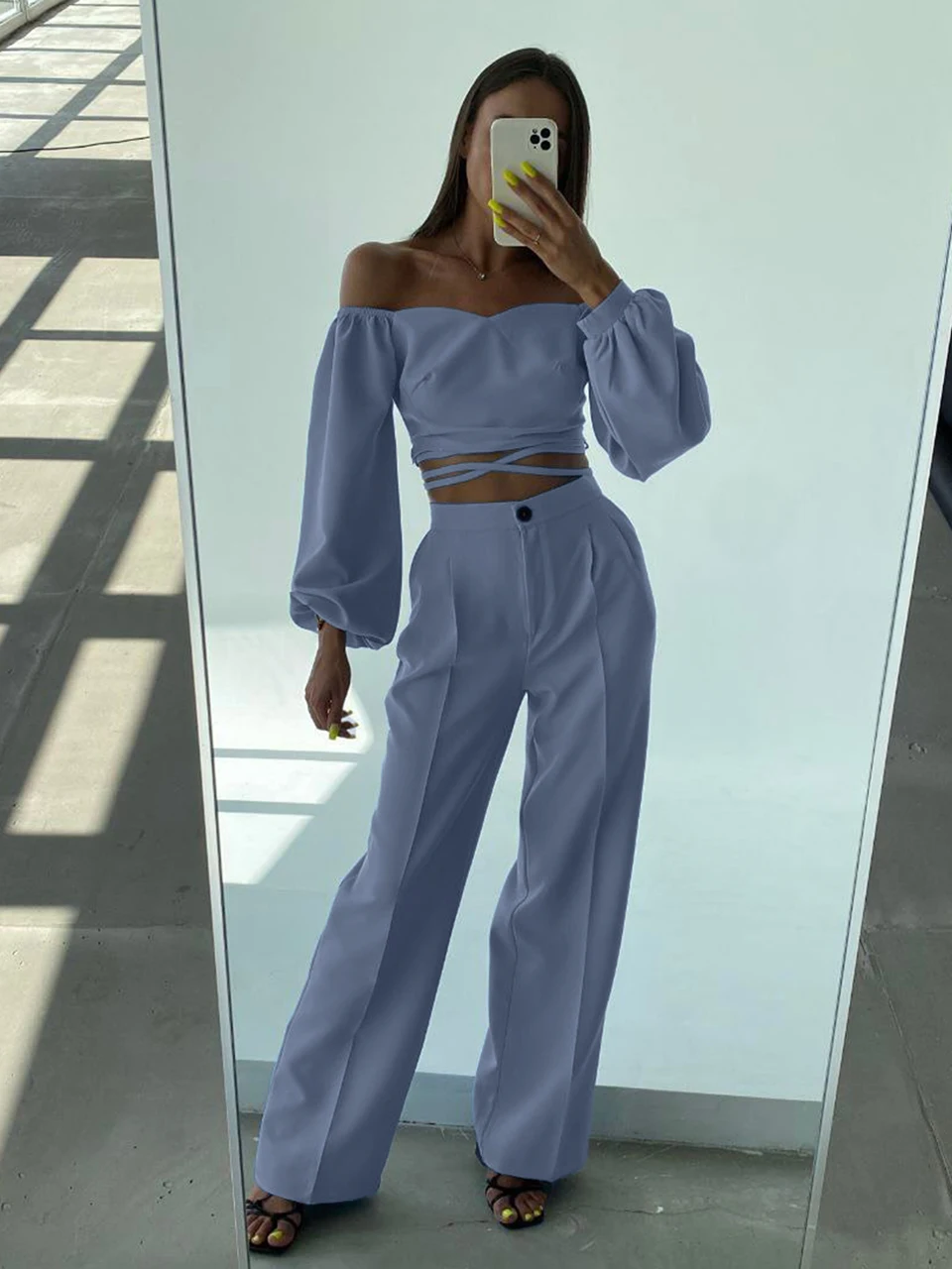 

Marthaqiqi Winter Women Nightwear Suit Slash Neck Sleepwear Lace Up Pajama Long Sleeve Nightgown Pants Ladies Nightie Set Causal