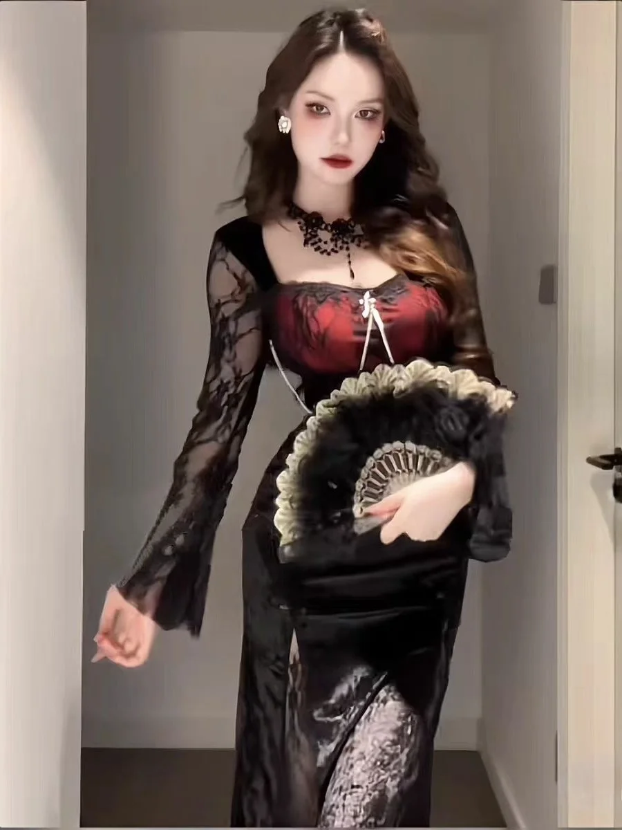 

Sexy Gothic Red Lace Fi Tail Dr loween Costume Women's Long Skirt Dr Polyester Fiber Micro Elastici