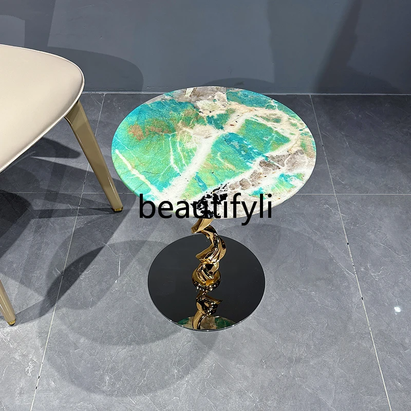 

Green Natural Luxury Stone Small Side Table Modern Minimalist Living Room Vine Sofa Corner Table Round Table