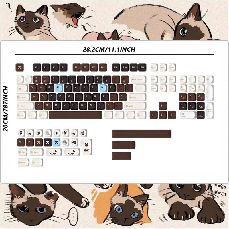 Cute Siamese Cat Theme Keycaps 132 Keys PBT Dye MOA Profile Keycap Custom Cartoon Gaming KeyCaps for Mechanical Keyboard Gifts