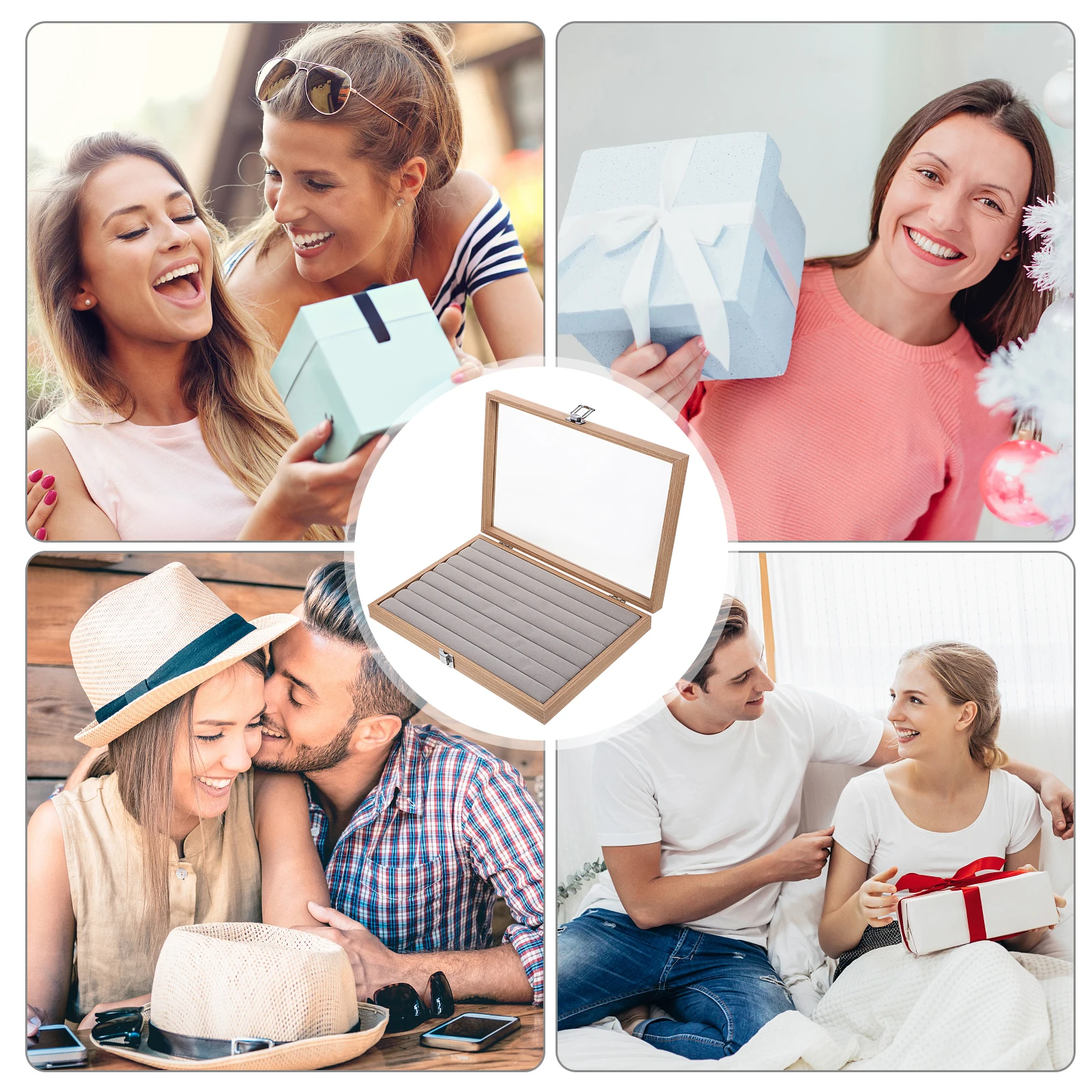 

Wooden Jewelry Box 12 Compartments Large Capacity Clear Lid Organizer Necklace Ring Storage Display Case Glass Box