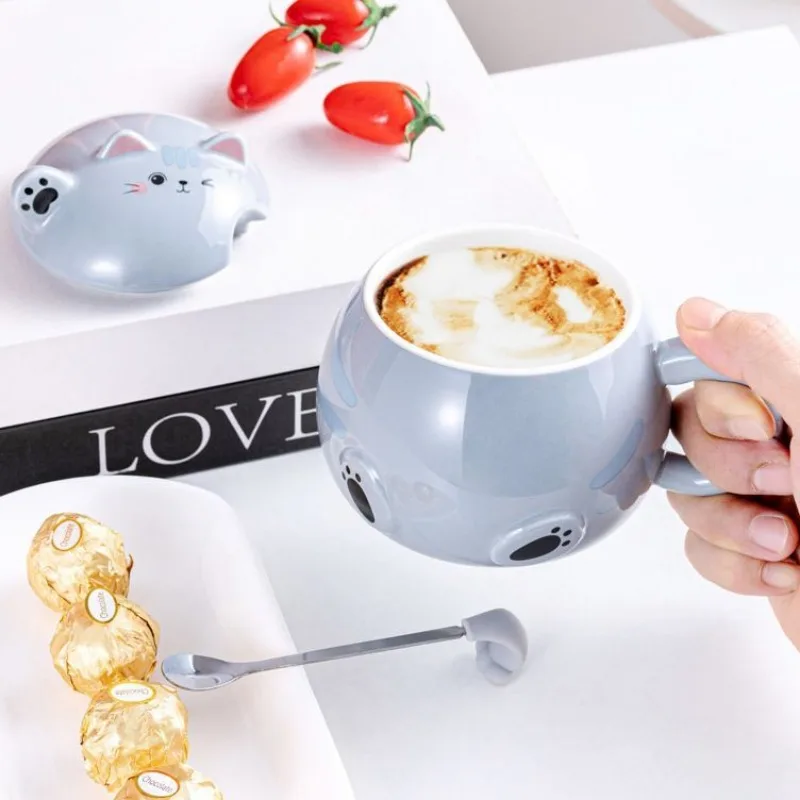 3D Cartoon Ceramic Cup with Lid, Cute and Cute, Lucky Cat Shaped Cup, Coffee Cup, Super Cute Office, Three-dimensional Drinkware