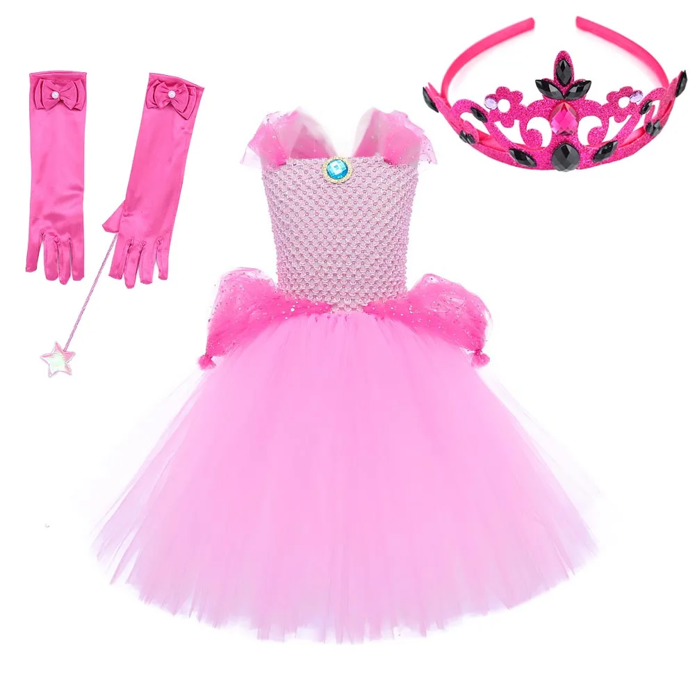 Princess Peach Costume Girls Birthday Outfit Tulle Dress Kids Halloween Cosplay Party Dresses Fairy Tales Dress Up Tutu Dress