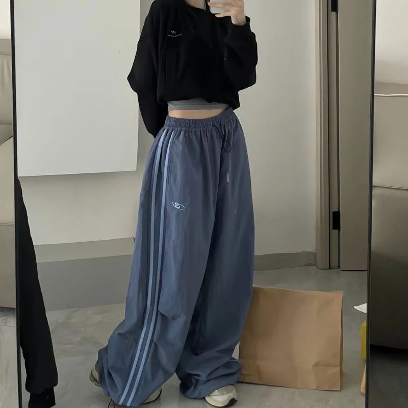 Y2K Women Loose Cargo Pants Casual Solid Color Elastic Waist Wide Leg Joggers Trousers With Pockets For Streetwear